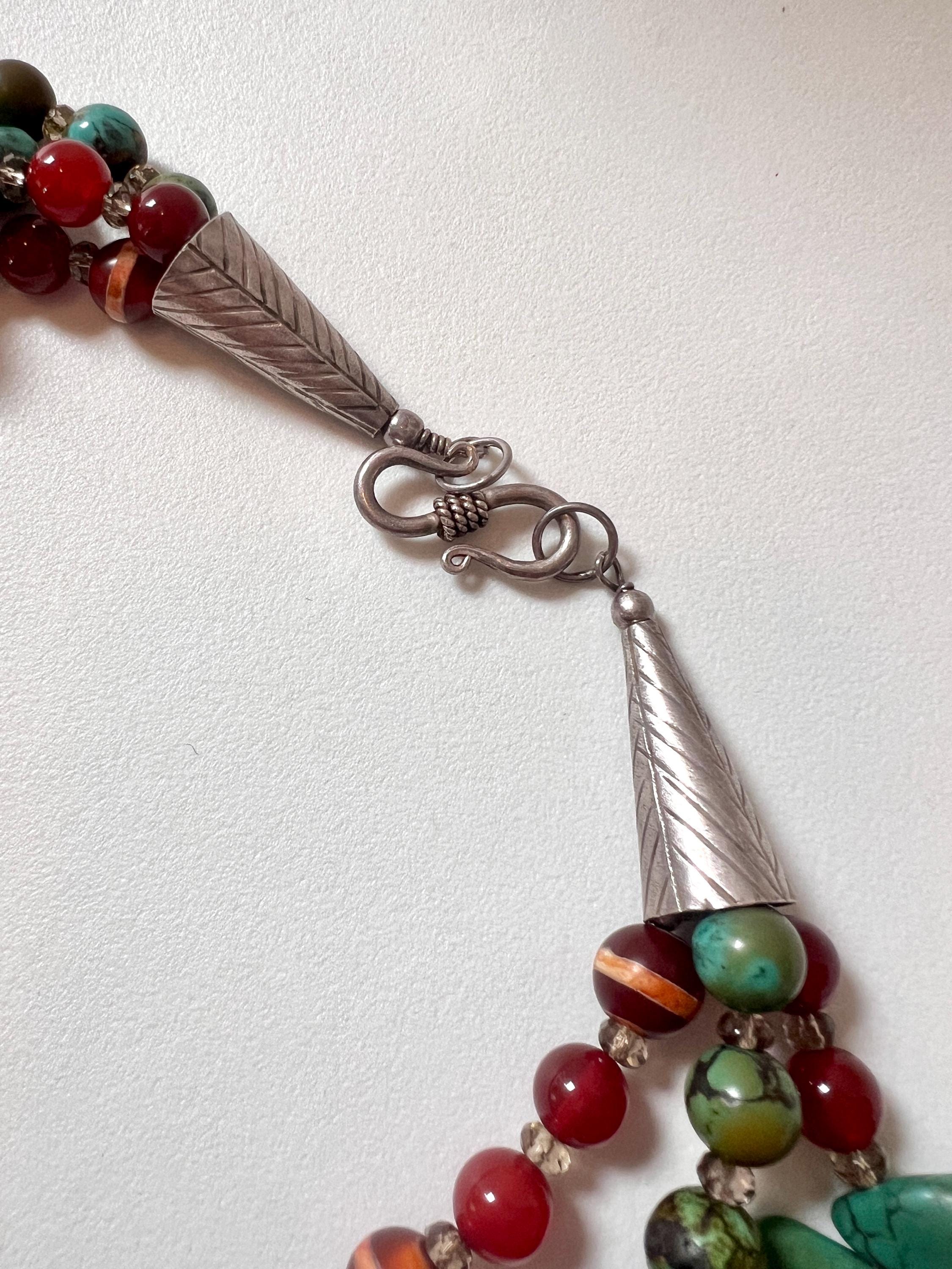 Collier Vintage Années 80 En Turquoise Et Cornaline - Bijou Statement Pierres Précieuses