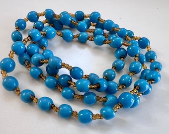 Vintage Turquoise Blue Czech Glass Beaded long  Necklace with caramel seed beads from 1960s Bohemian style