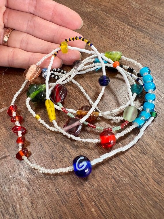 Vintage Czech Glass Long Necklace, Colorful Seed Bead Boho Jewelry 