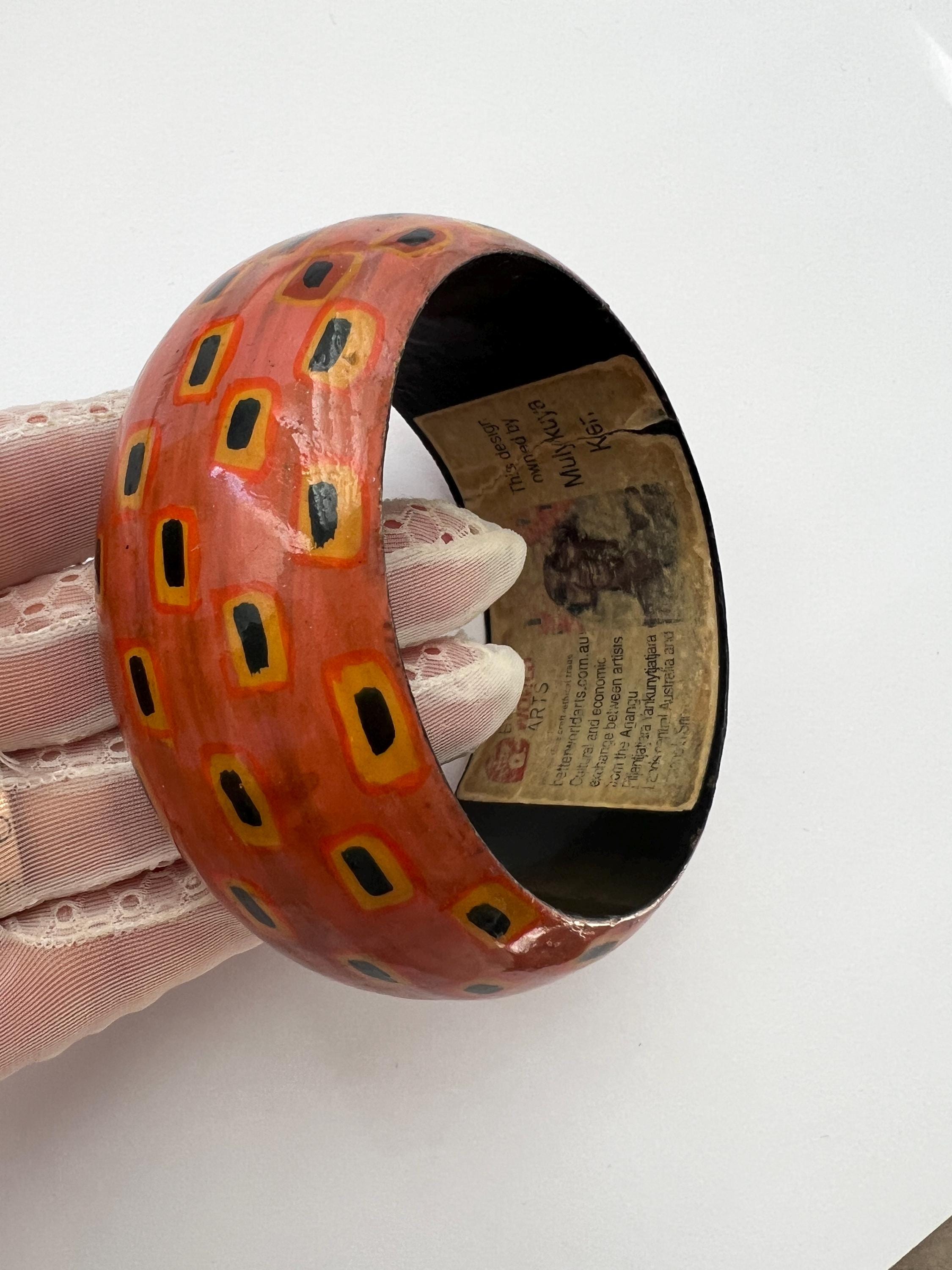 Vintage Wide Wooden Hand-painted Bangle by Artist Mulykuya Ken