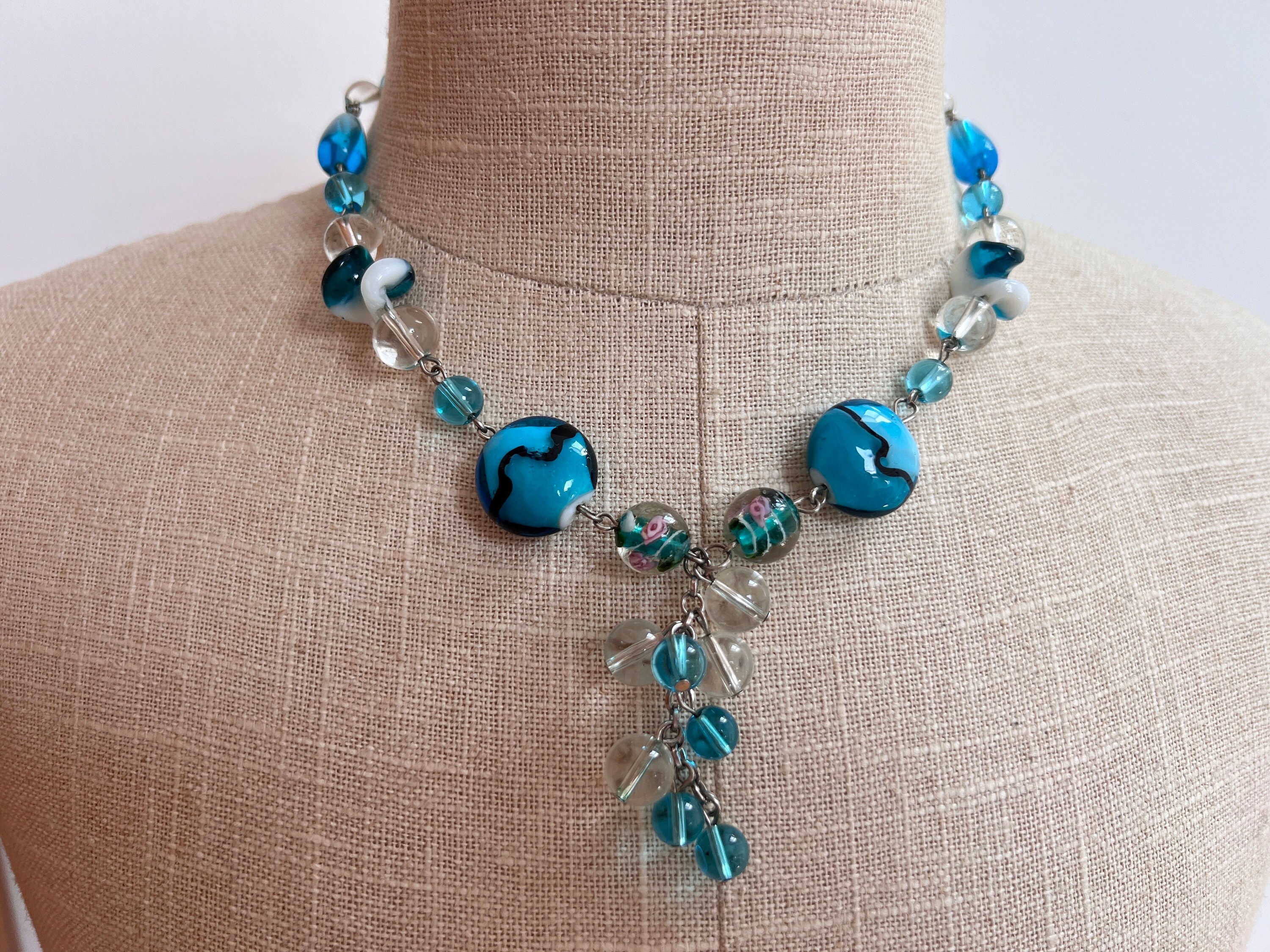 Collier Perles De Verre Murano Années 70 - Bleuté Cuivré, Très Bon état