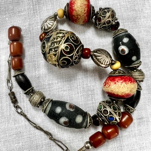 Antique Moroccan Necklace with silver enamel Tagmout egg Pendant, old African glass and Phenolic Resin Bead, Ethnic, Tribal