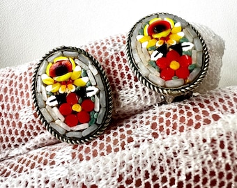 Vintage Italian Micro Mosaic Earrings Clip on : Floral Glass