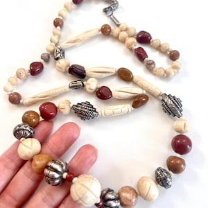 Vintage African Bone Necklace: Silver Beads, Gemstones, Boho Tribal Jewelry