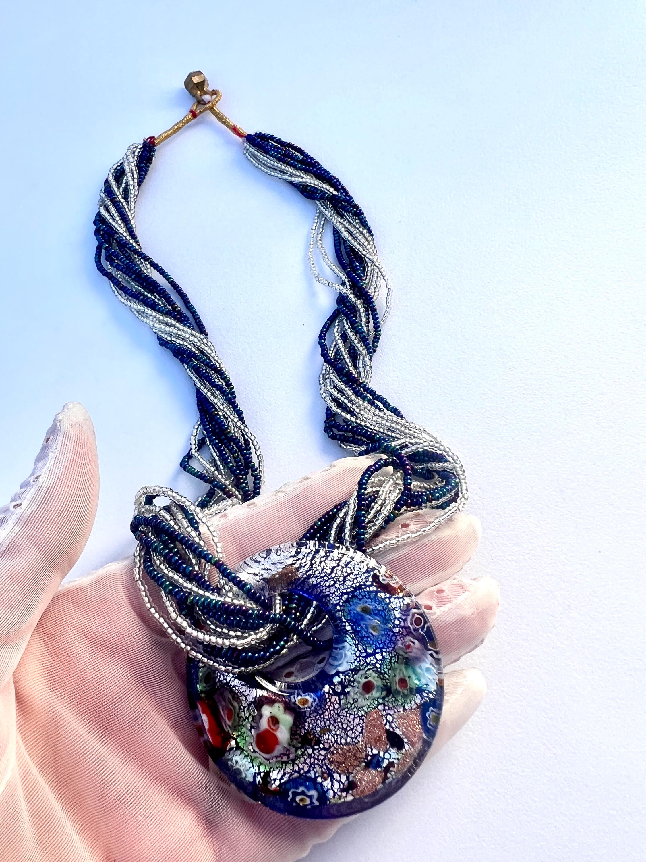 特大ムラーノガラスペンダントネックレス：ブルーシルバーフォイル