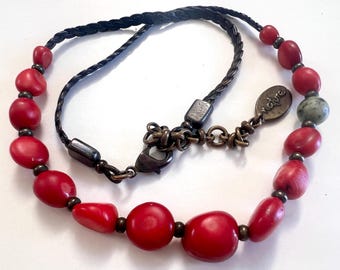 Vintage Signed NATURE  red coral brass necklace 1990s French costume jewellery