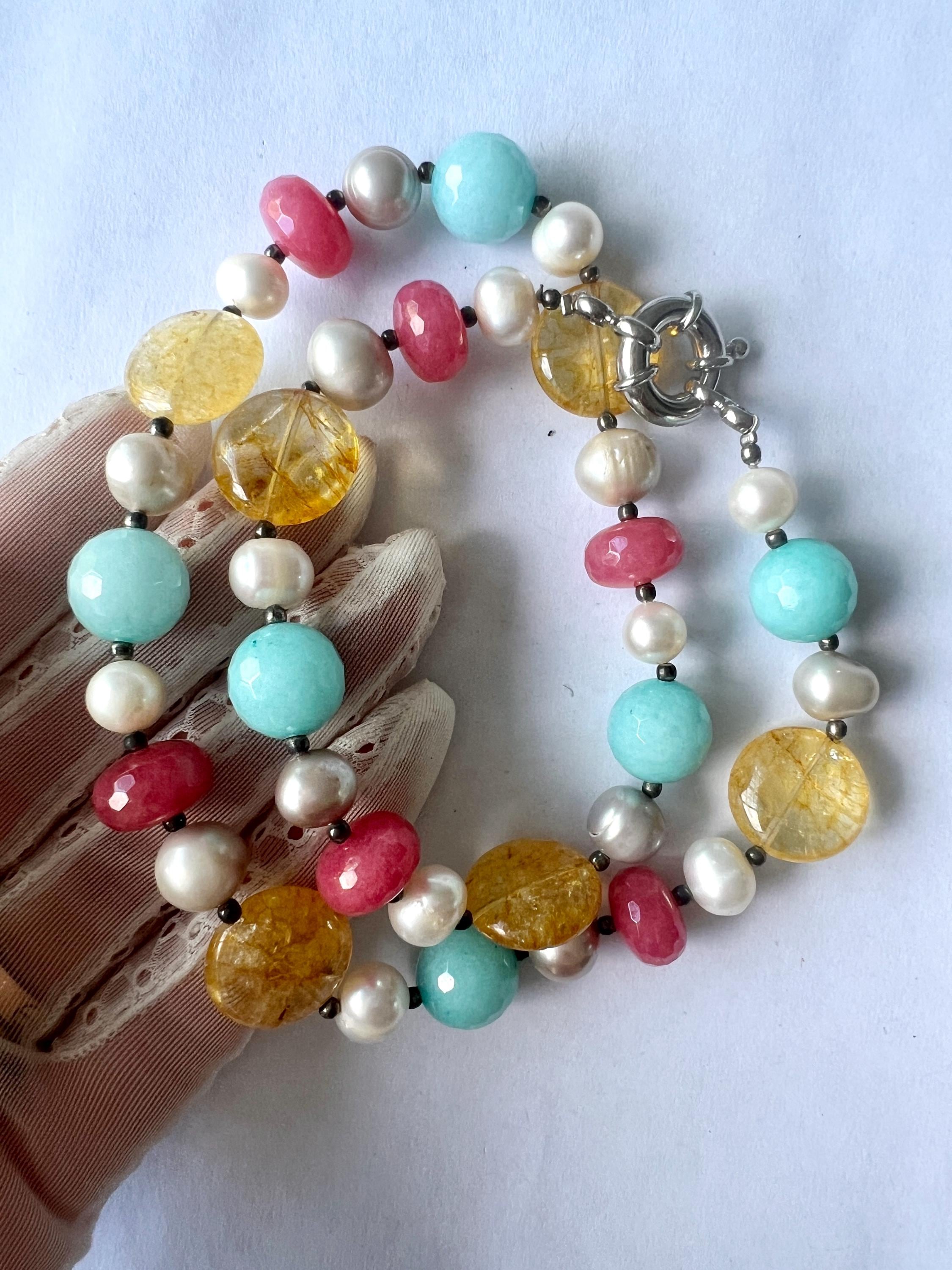 Collier Vintage Perles En Pierres Naturelles Multicolores – Occasion En Parfait état