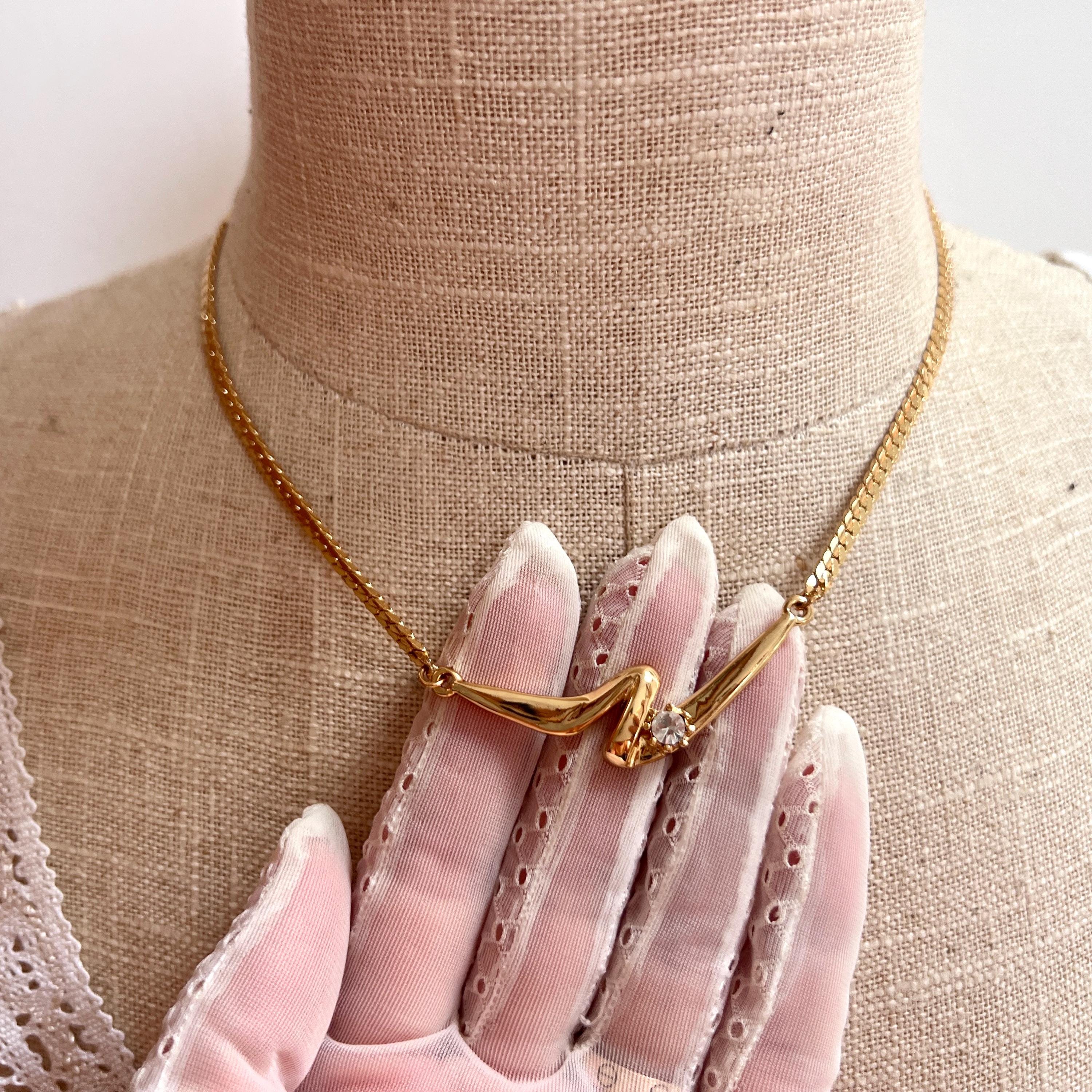 Ancien Collier Vintage à Trois Charms Émaillés Et Strass - Plaqué Or, Thème Ourson Et Colombe