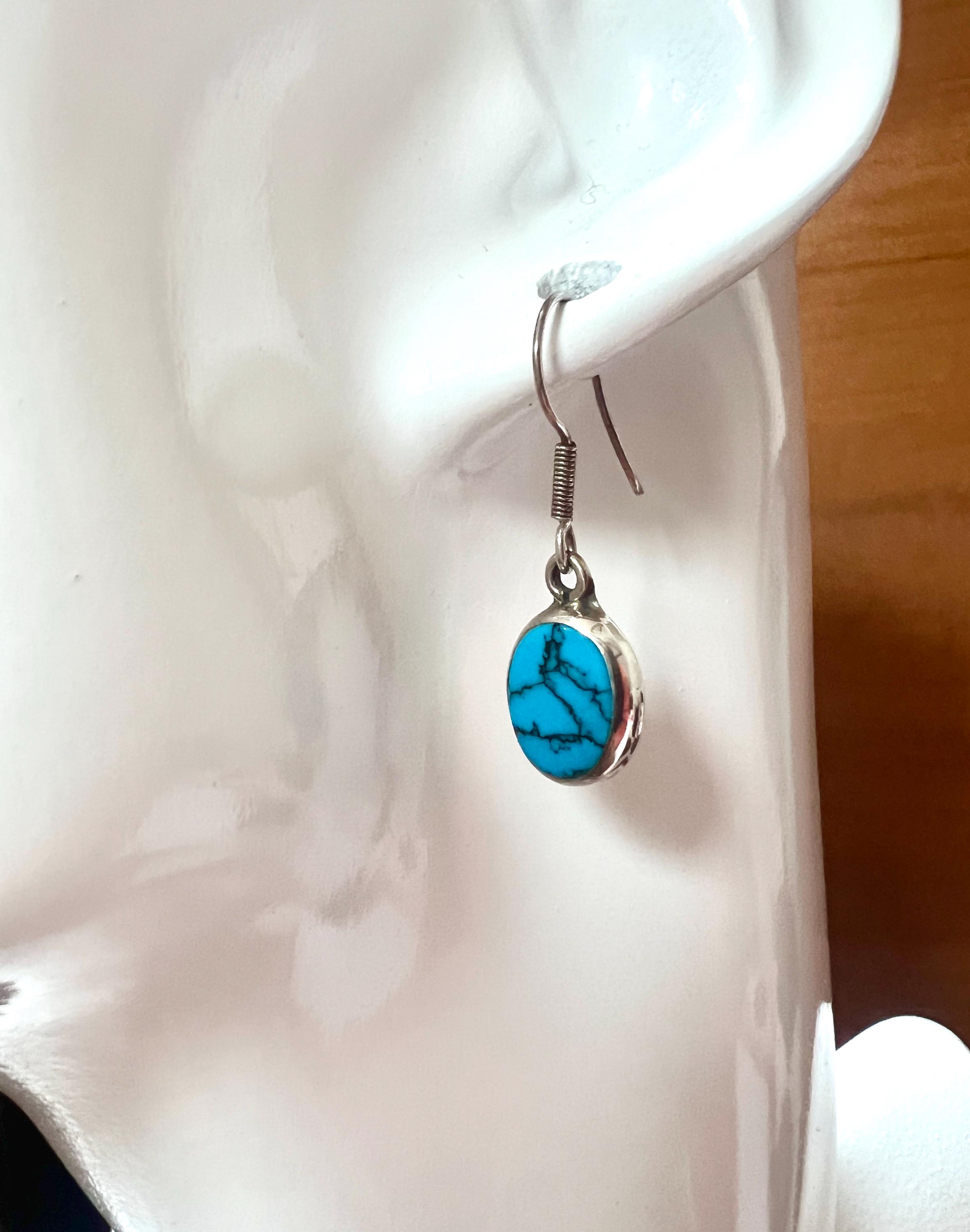 Boucles D'oreilles Vintage Argent 925 Et Turquoise - Pendantes Dormeuses, Bijou Ancien Bleu, Argent Massif