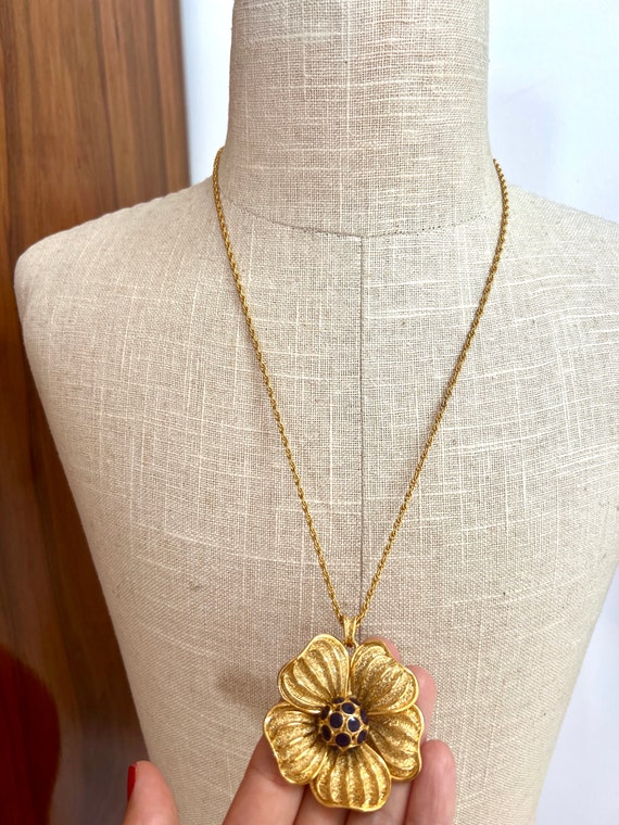 Vintage Orena Paris Big Gold Enamel Necklace  flo… - image 9