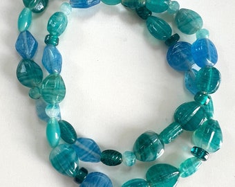 Vintage Blue Green Czech Glass beads necklace handmade Gift for Her