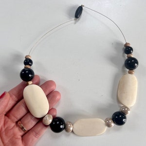 Vintage Bone & Ceramic Beaded Necklace: Black and White Boho Statement Jewelry