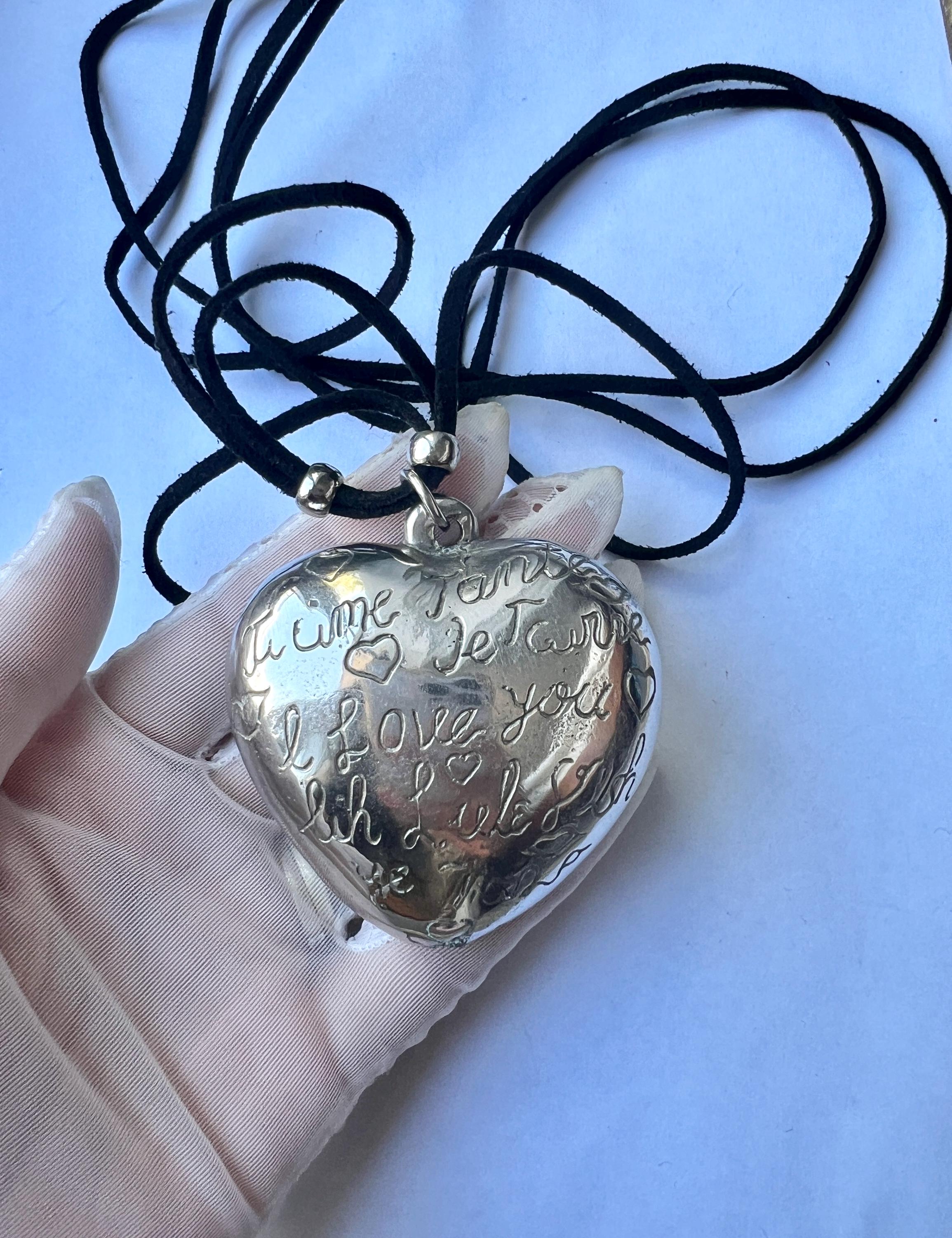 Vintage Large Silver Puffy Heart Hollow Pendant Necklace, With 