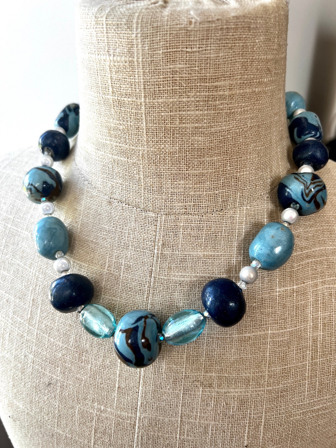Collier Vintage Boules De Verre Bleu – Style Murano – Occasion