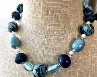 Vintage Blue Murano Glass Beaded Necklace: 1960s Silver Foil Handmade Jewelry