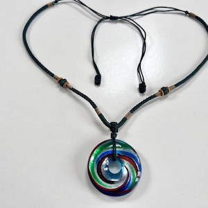 Vintage Handmade Murano Venetian Glass Disc Pendant - green, blue, red and Silver Foil