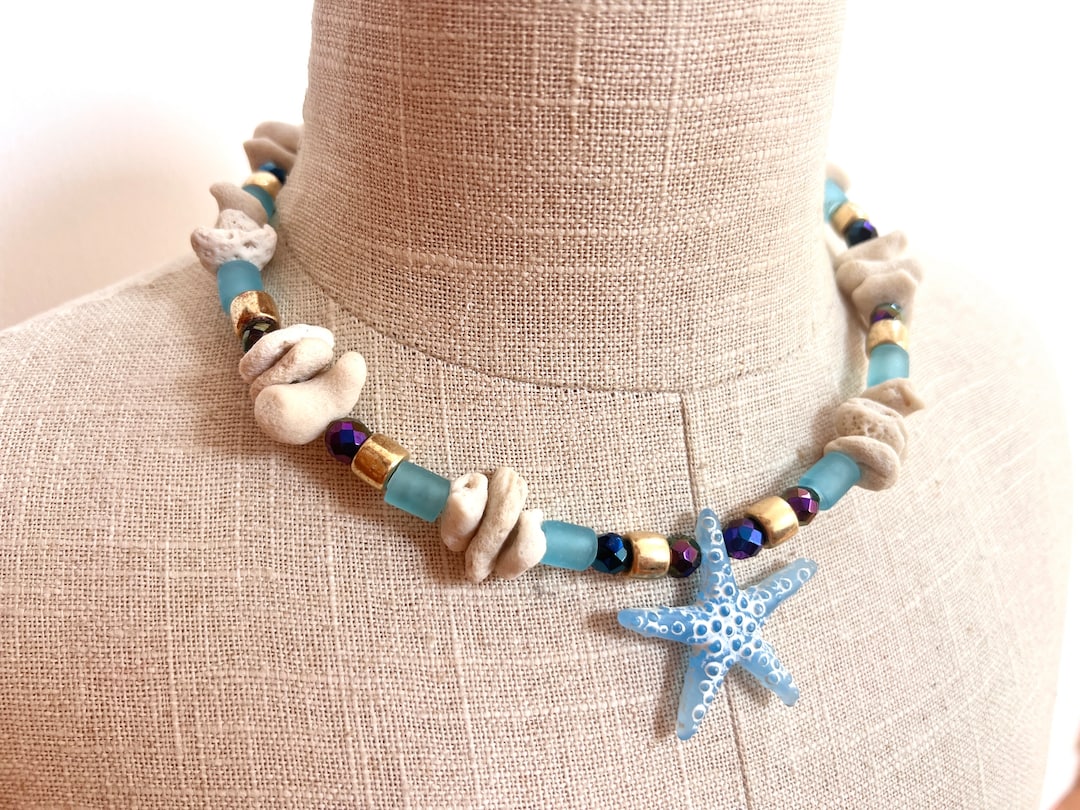Vintage Starfish Pendant Necklace: Sea Coral, Blue Glass Beads