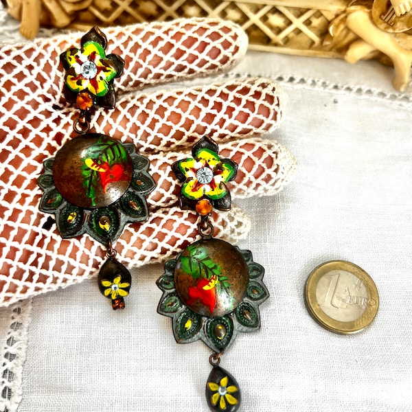 French designer Reminiscence vintage earrings big hand painted floral brass dangling clips on 3 Piece handmade Art Nouveau