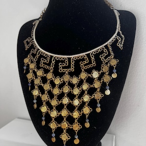 Vintage Handmade brass bib chocker necklace , statement, with blue gemstone