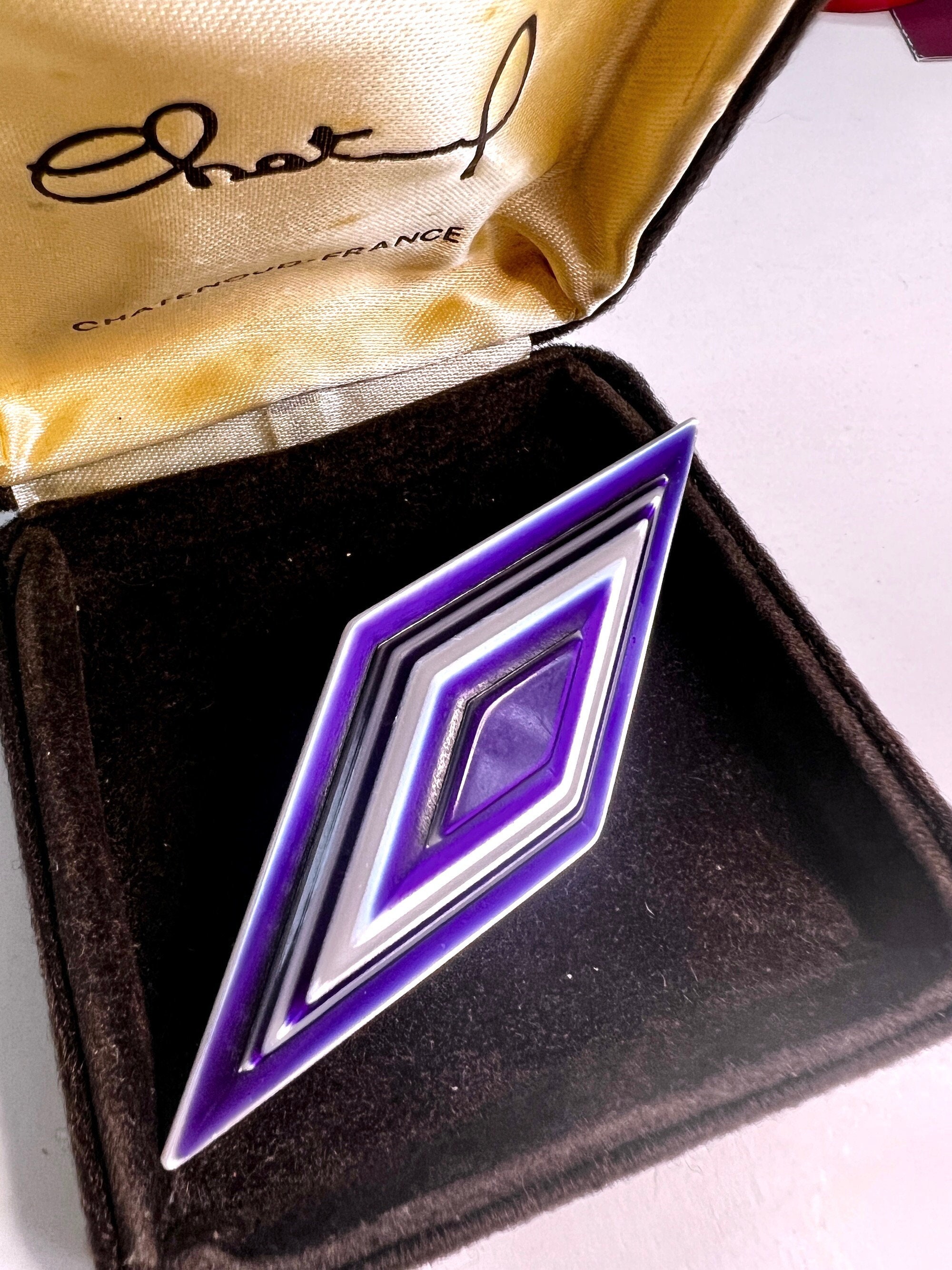 Broche Vintage Signée Léa Stein - Forme Hexagonale Géométrique Violette - Années 70/80 - France