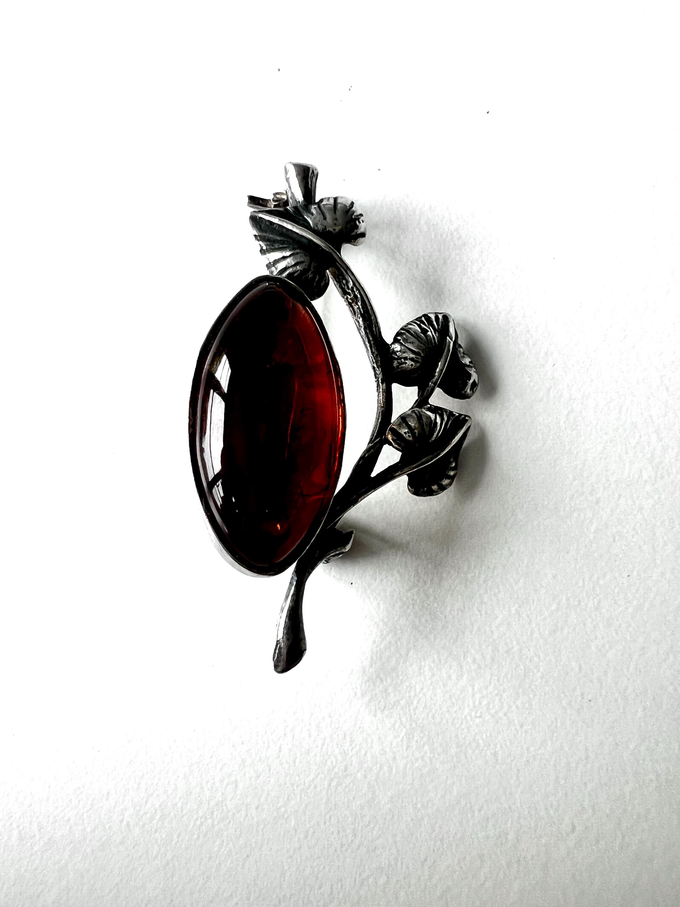 Broche Ancienne En Argent Avec Ambre – Style Art Nouveau, Motif Feuilles – Occasion