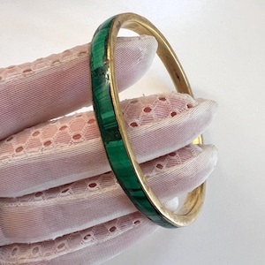 Vintage Inlaid Malachite Brass Bangle - 1970s Green Stone Jewelry