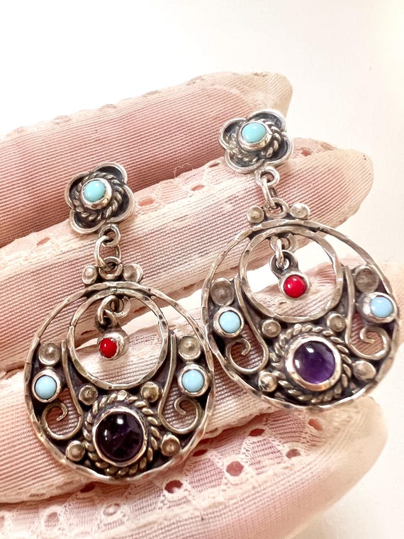 Vintage Escorcia 950 Silver Gemstone Earrings: Mexican Designer