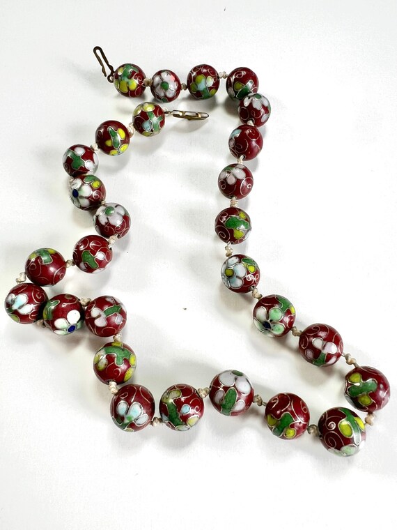 Collier Vintage Asiatique Perles En Pierre Avec émaux Cloisonnés Bleu Et Vert - Occasion