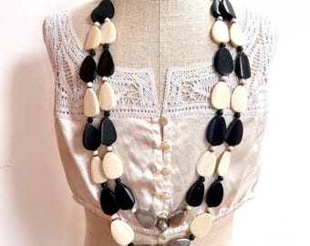 Vintage Tribal Ethnic African black white Bone long Necklace Statement  BOHO Jewellery 1970s