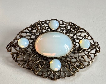 Vintage Czech opaline opalescent glass brooch pin Opalite jewellery 1970s gift for her.