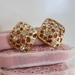 Vintage French Dolce Vita Gold earring clips on with crystals 1990s French costume jewellery Signed