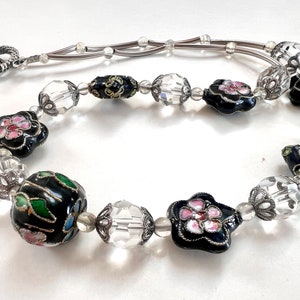 Vintage cloisonne enamel and crystal Beaded Silver Necklace 1970s