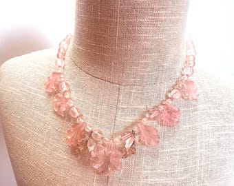 Vintagel French  light pink lucite beaded necklace fruits and flower beads  Art nouveau style gift for her