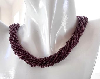 Vintage Purple Seed Bead Necklace: 15-Strand French Glass, 1970s