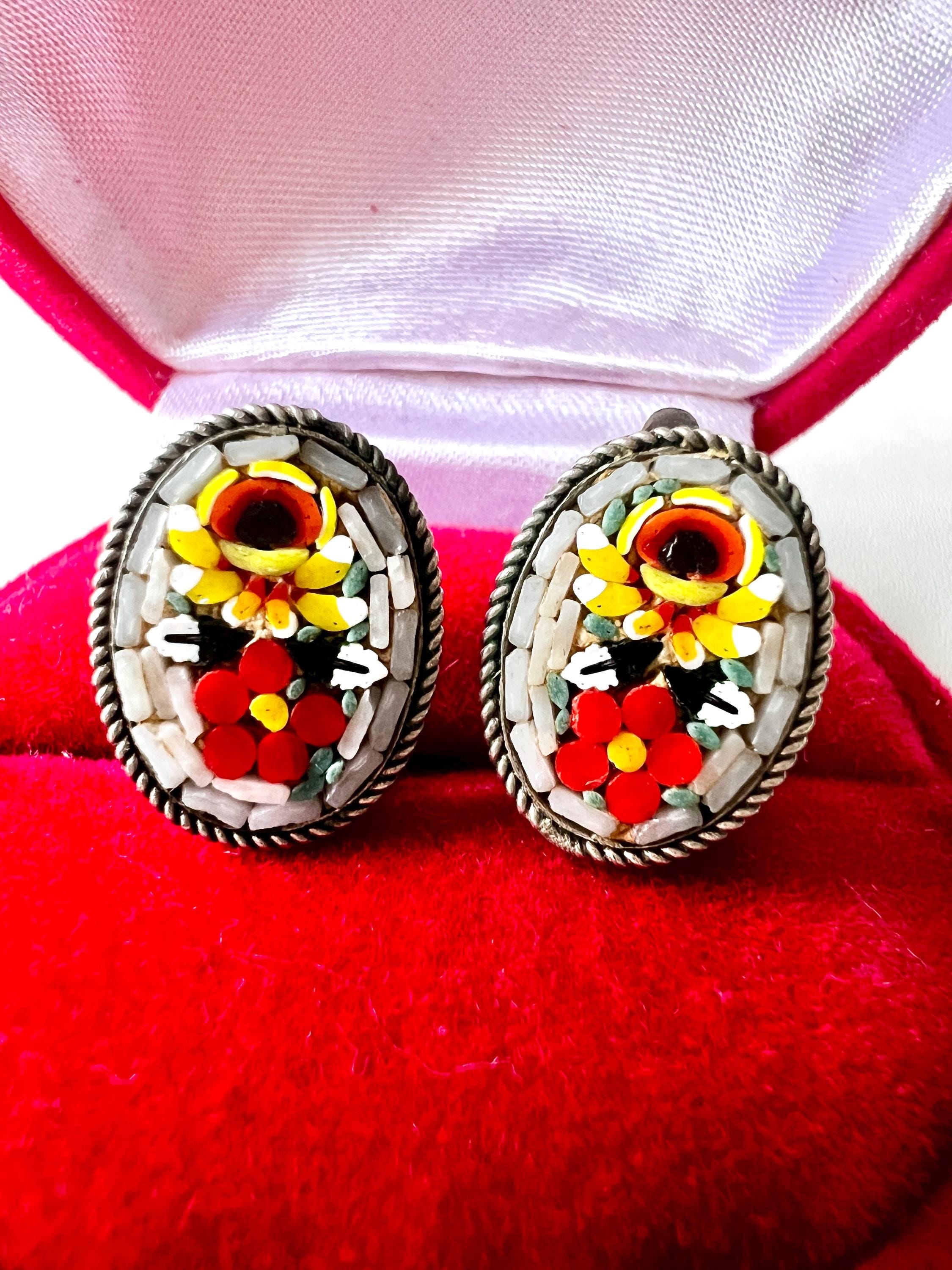 Vintage Italian Micro Mosaic Earrings Clip on : Floral Glass