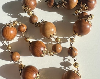 Vintage French Wood Bead Necklace, Handmade 1960s Caramel Jewelry