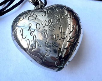 Vintage Large Silver Puffy Heart Hollow Pendant Necklace, With