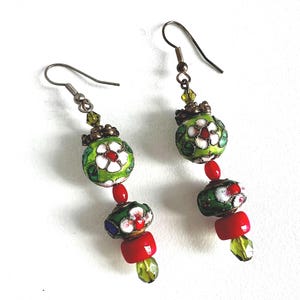 Vintage Cloisonne Dangle Earrings: Red, Green, and Pink Flower Beads