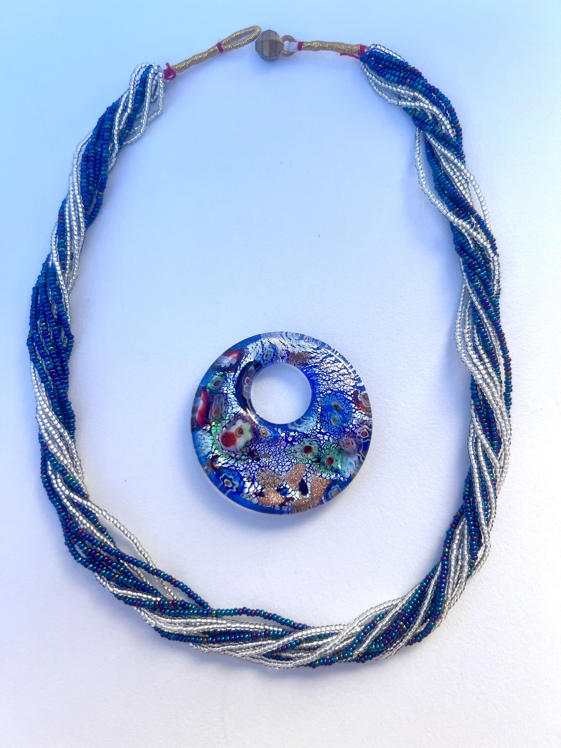 特大ムラーノガラスペンダントネックレス：ブルーシルバーフォイル