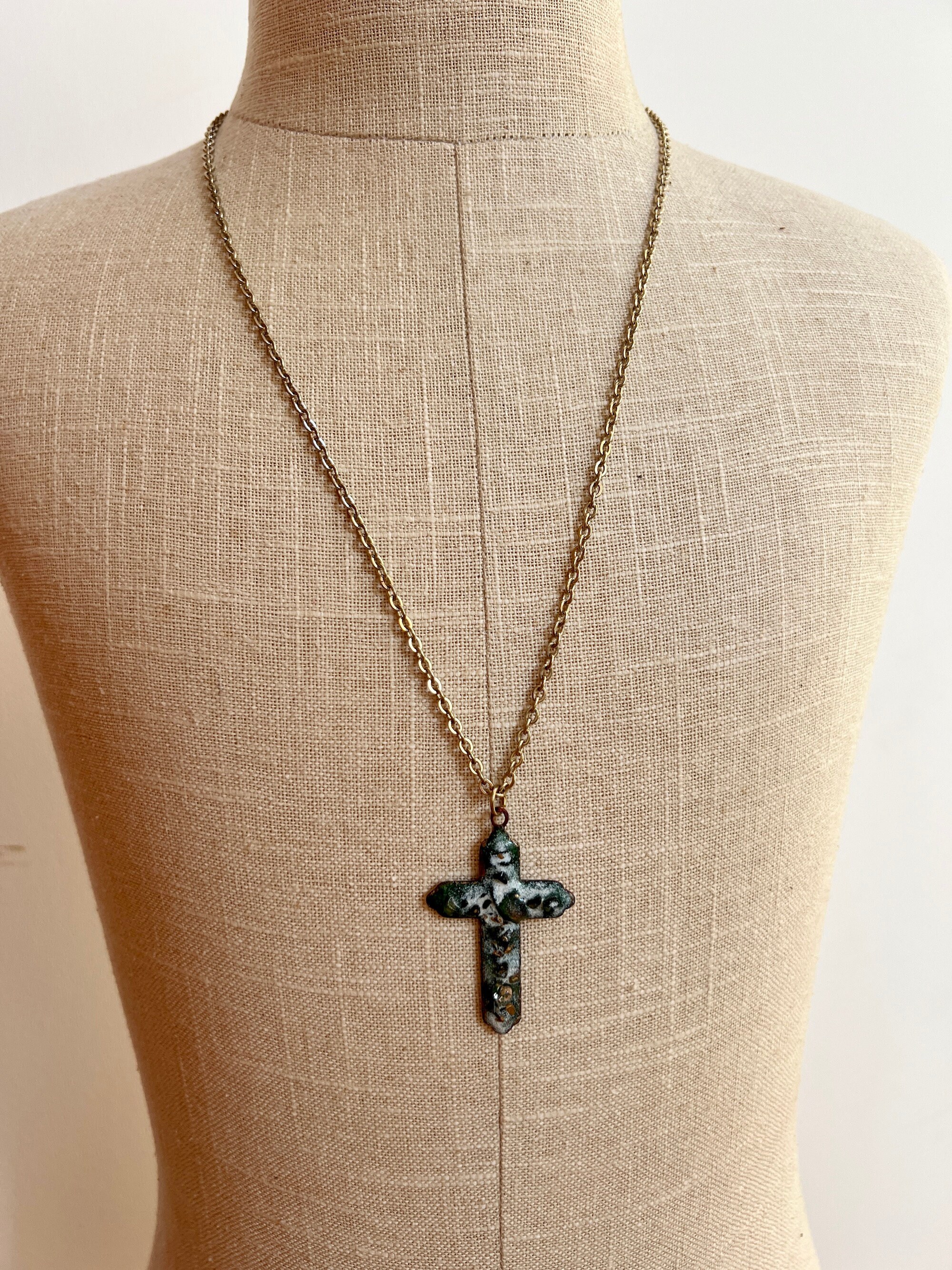 Vintage 1980s French Green Limoges Enamel Cross Necklace Artisan