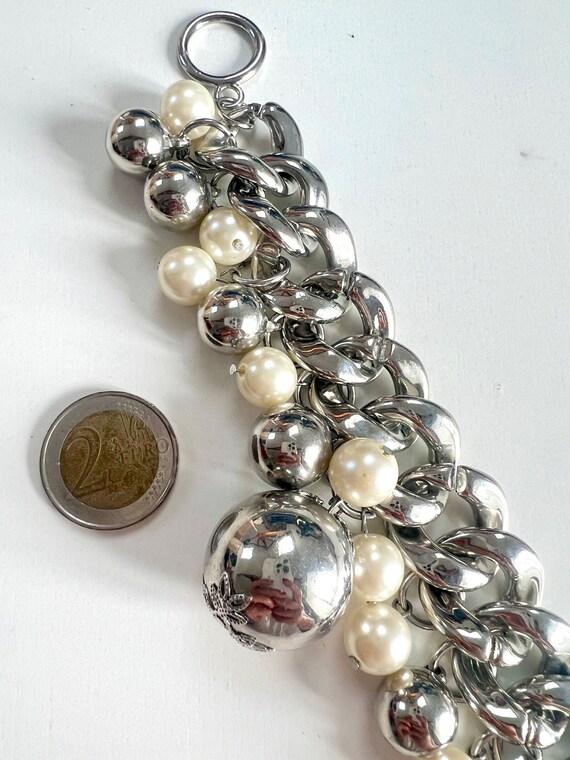 Vintage white faux pearl and silver ball cluster … - image 5