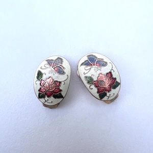Vintage cloisonné enamel  flower butterfly earrings clip on 1960s