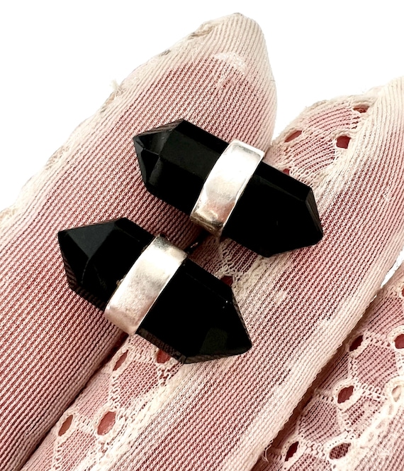 Vintage Black Onyx Sterling Silver Spike Stud Earrings, Marked 925, powerful energy jewellery