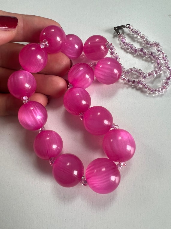 Vintage Barbie Pink Moonglow Lucite Beads Necklac… - image 3