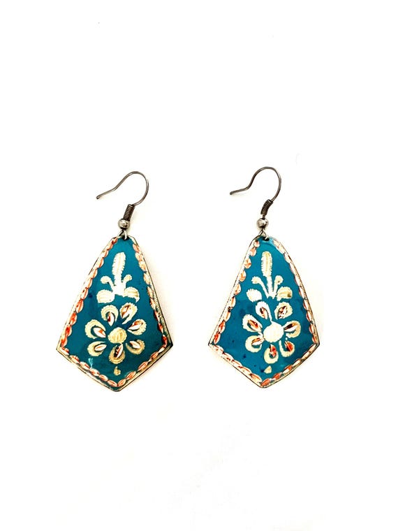 Vintage Hand-etched Copper Earrings - bluedrop pierced