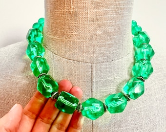 Vintage  Chunky Green Lucite Necklace Statement French Fashion Jewellery Gift for her