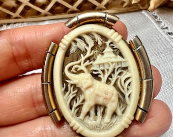 Original 1940s Art Deco Ivory Early Plastic Elephant Brooch with Carved /Moulded Celluloid Elephant Framed French LA DAC signed hallmarked