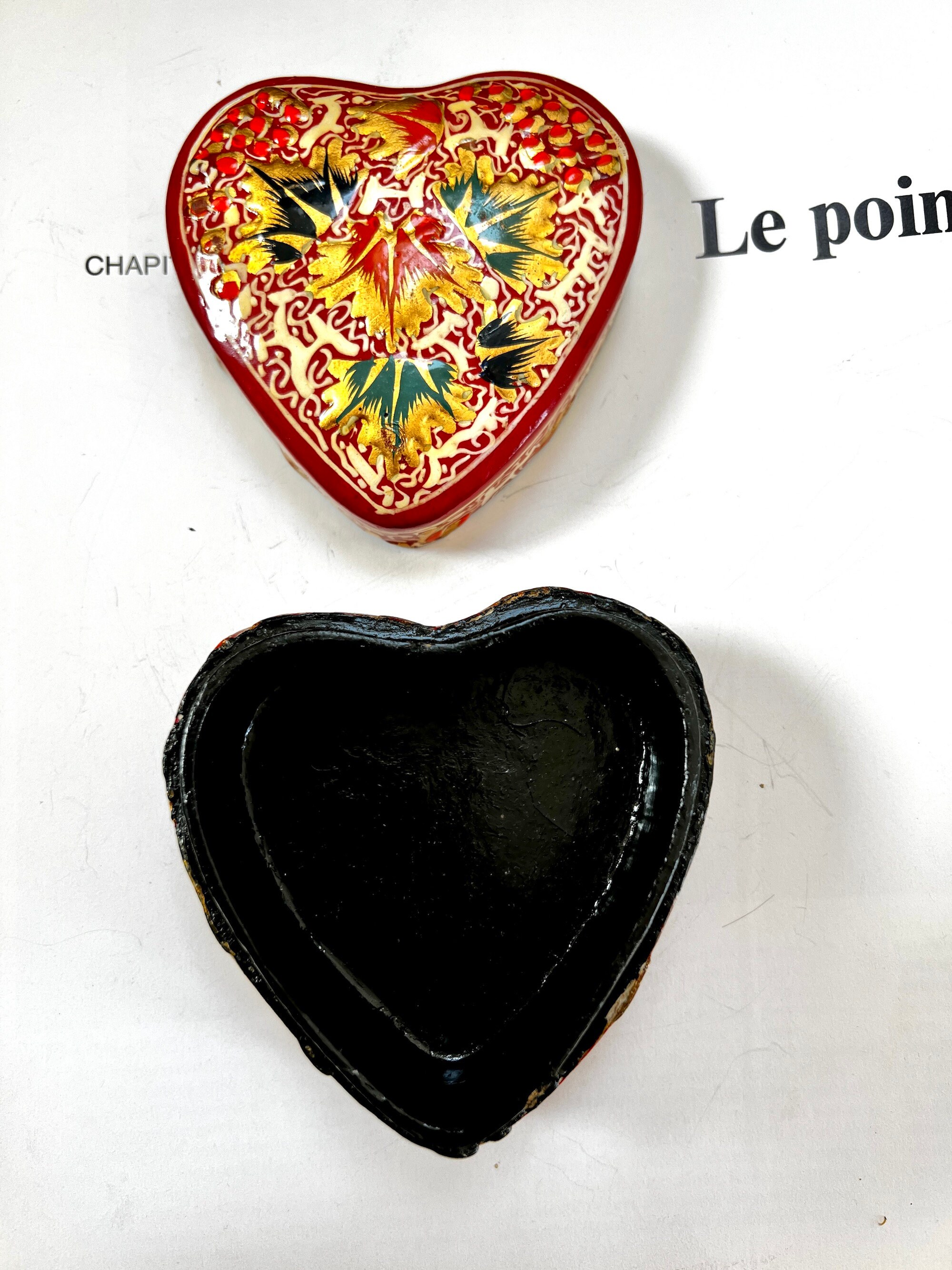 ヴィンテージ カシミール ペーパーマシェ ハート型小物入れ：手描きの