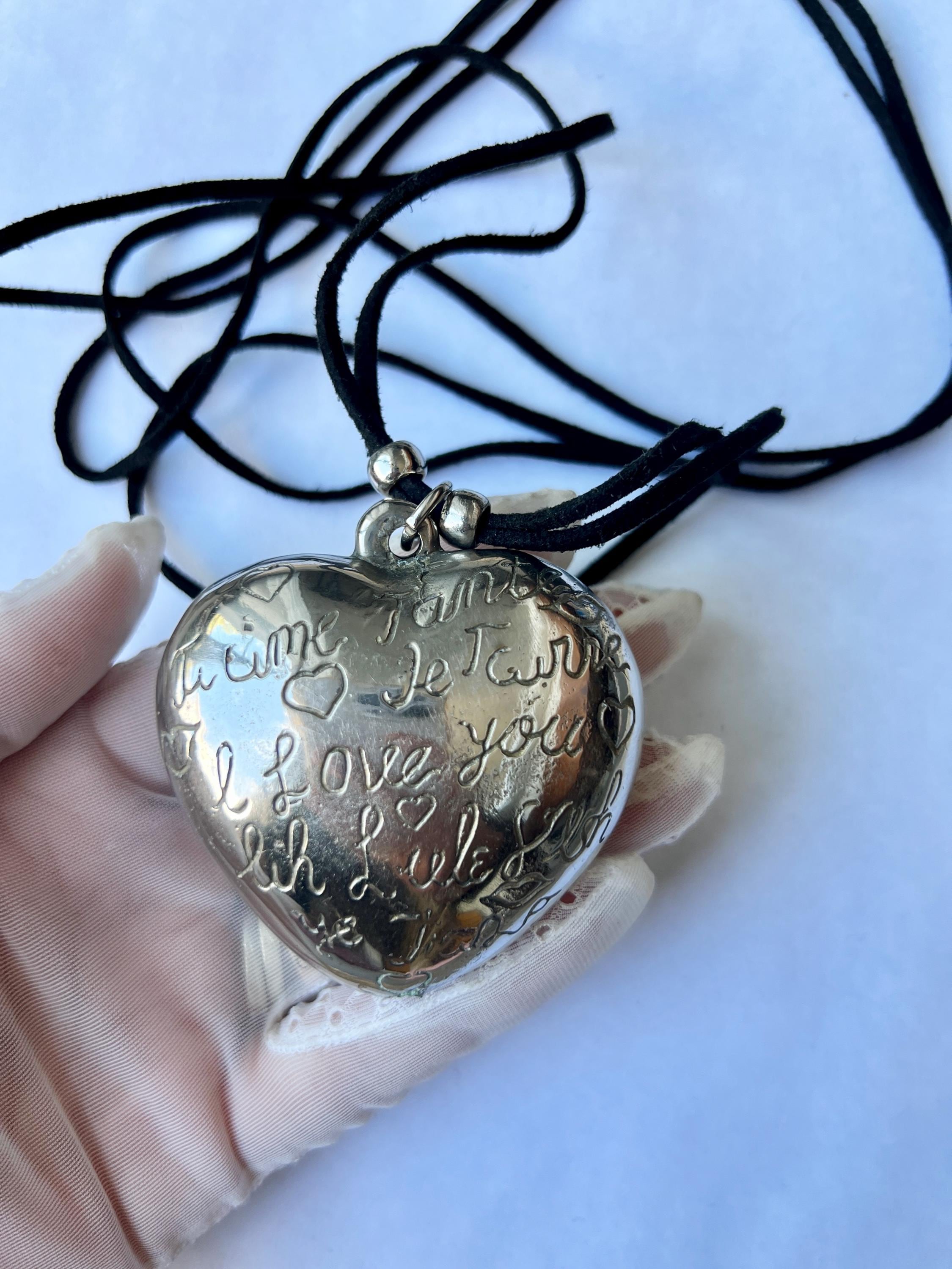 Vintage Large Silver Puffy Heart Hollow Pendant Necklace, With