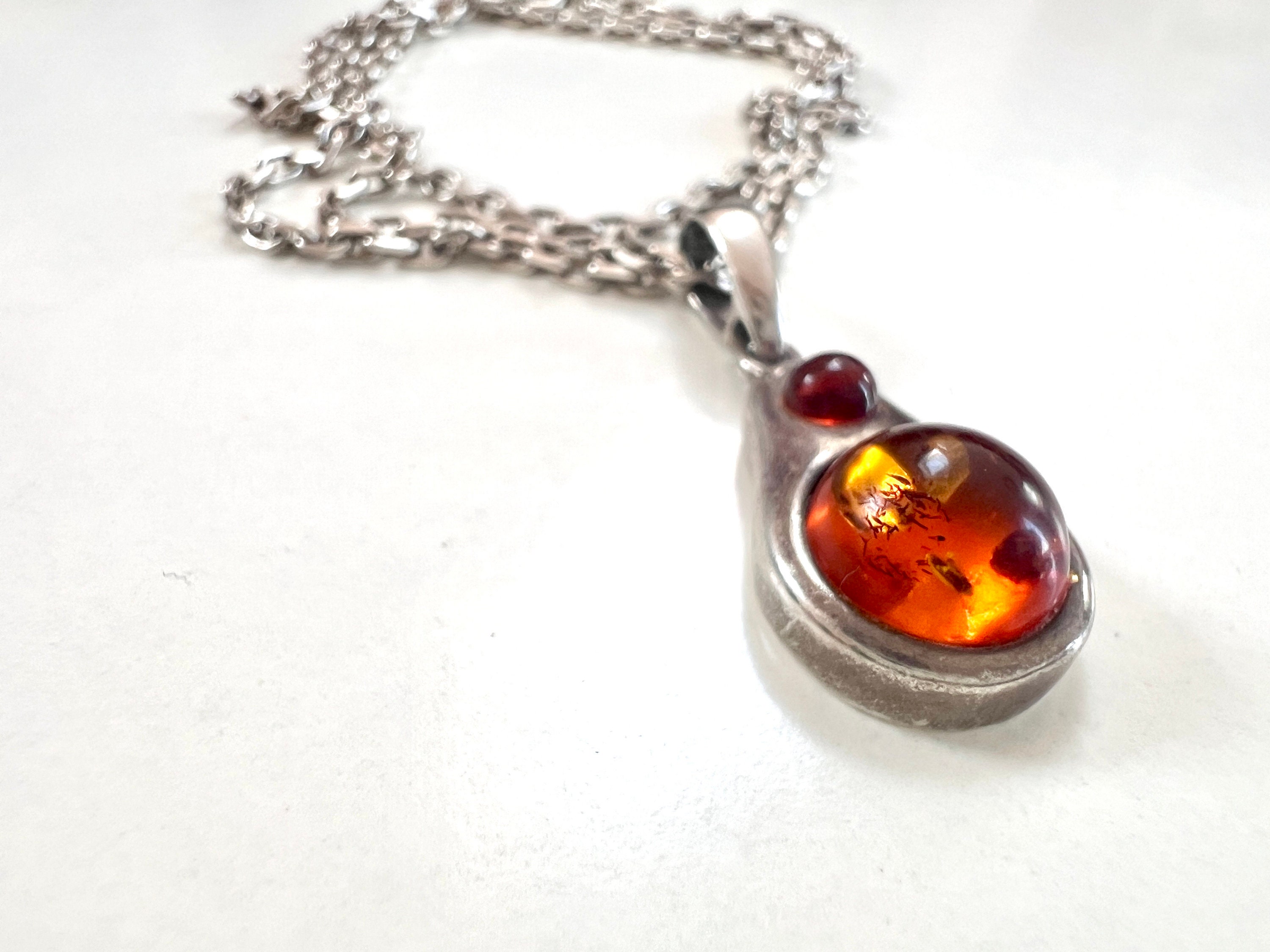 Pendentif Antique En Ambre Naturel Et Argent Sterling 925 Années 1940 – Vintage Authentique